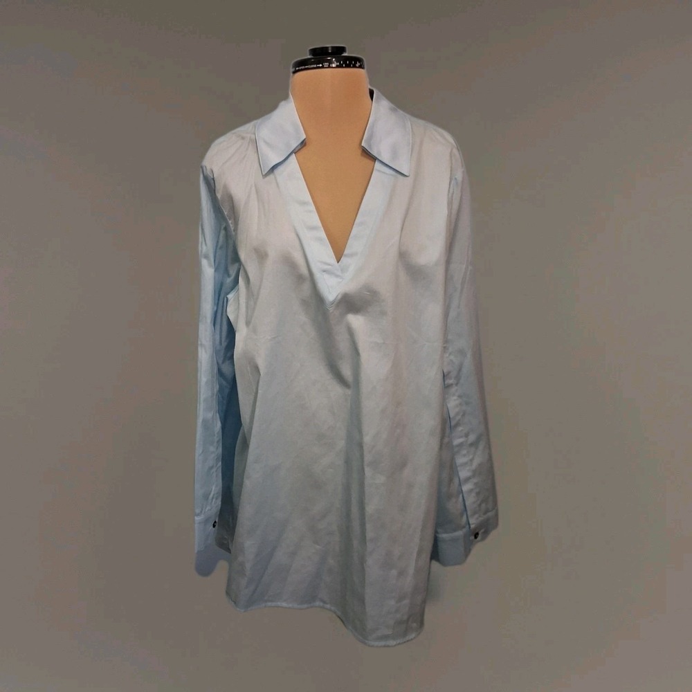 Harshman Lilou Blouse Blue Long Sleeve Collared Lightweight Cotton Popplin 1X
